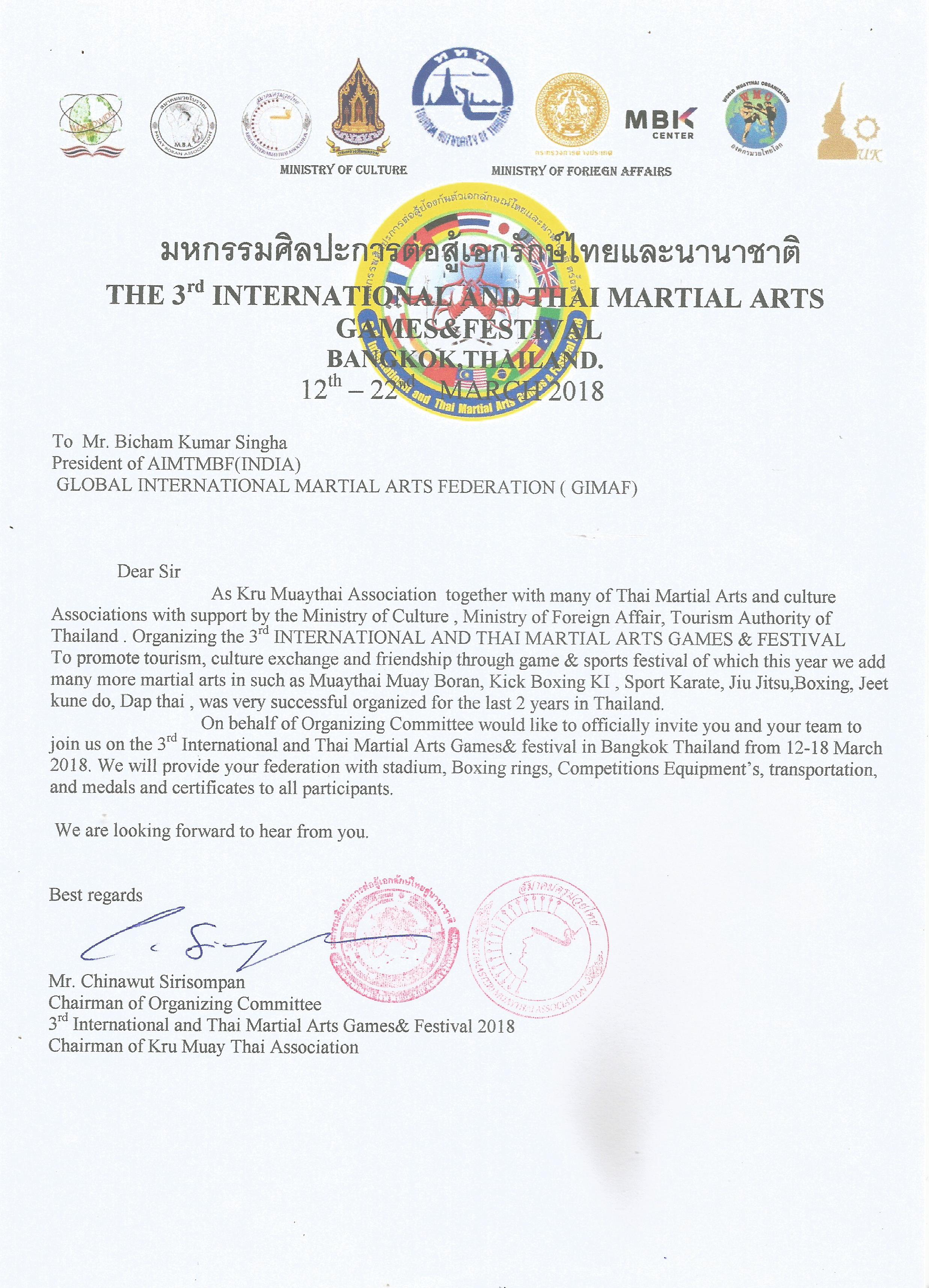 GIMAF Invited To The 3rd International And Thai Martial Arts Games & Festival 2018